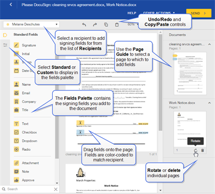Области редактора полей в Docusign