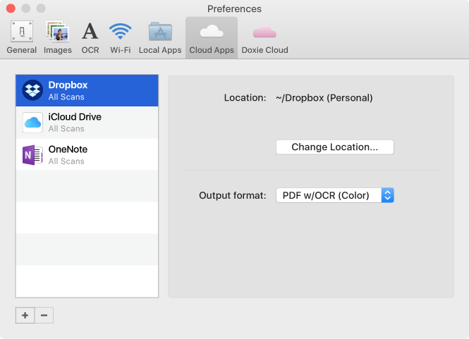 Вкладка Cloud Apps в Preferences Doxie с Dropbox, iCloud Drive и OneNote