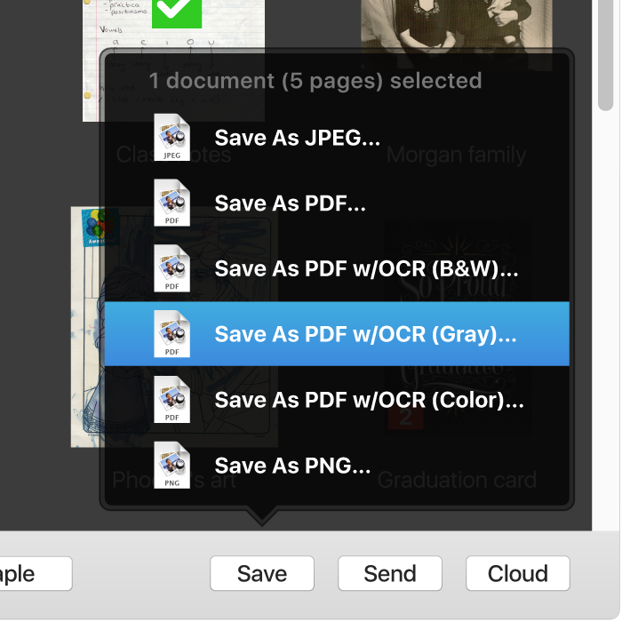 Меню Save в Doxie с вариантами Save As PDF, PDF w/OCR (B&W), PDF w/OCR (Gray), PDF w/OCR (Color) и PNG