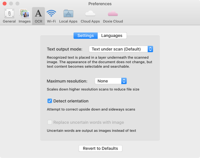 Вкладка OCR в Preferences с Text output mode, Maximum resolution и Detect orientation