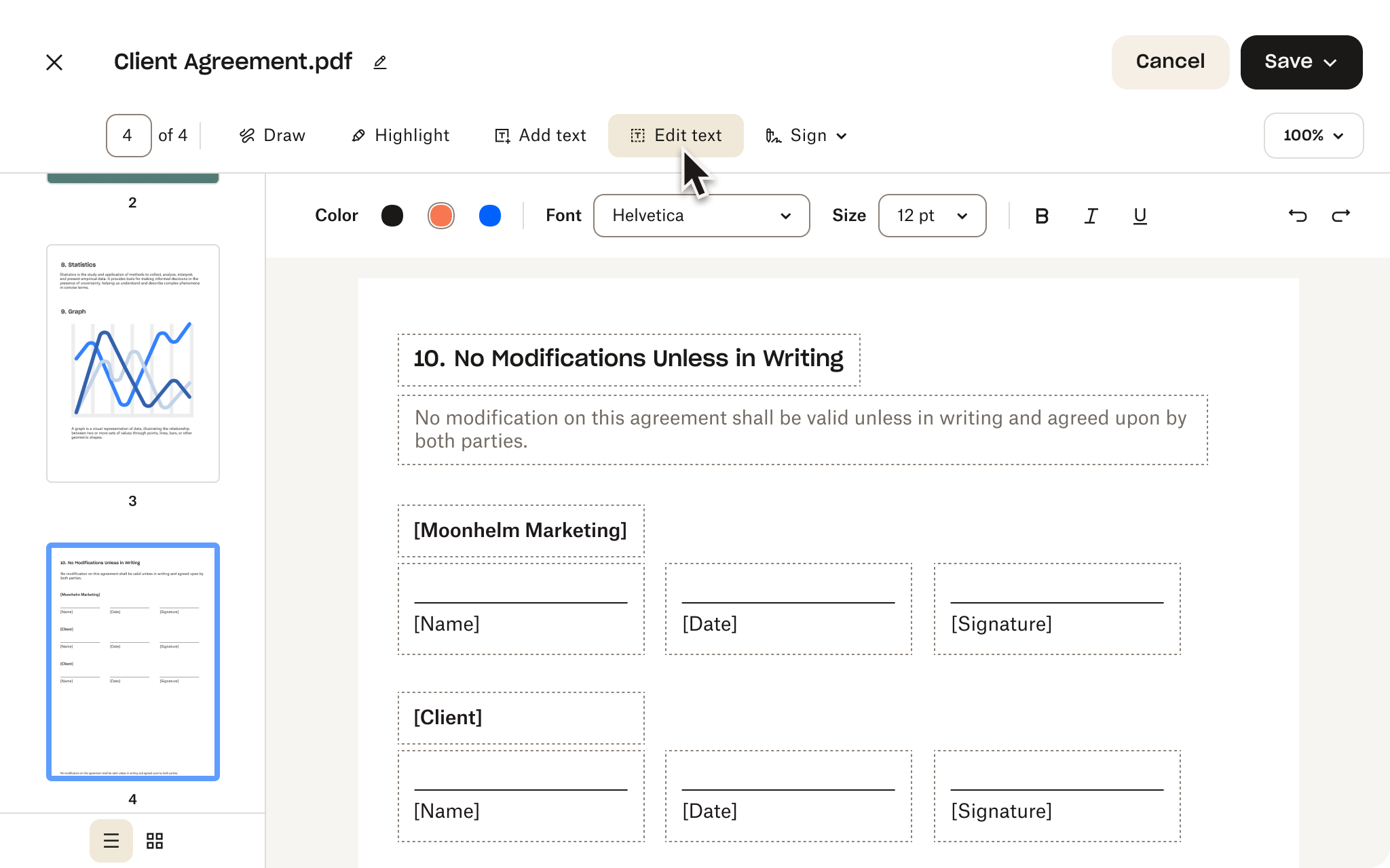 Интерфейс Dropbox PDF Editor с кнопками Draw, Highlight, Add text, Edit text, Sign и панелью форматирования