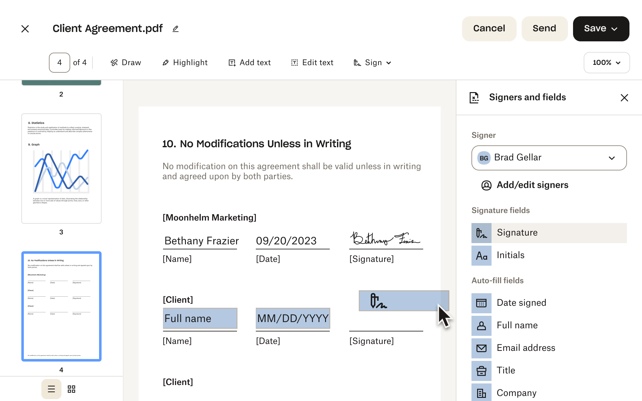 Панель Signers and fields в Dropbox PDF Editor с полями Signature, Initials, Date signed, Full name, Email address, Title и Company