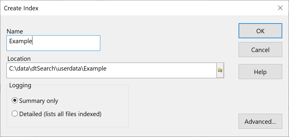 Окно Create Index в dtSearch