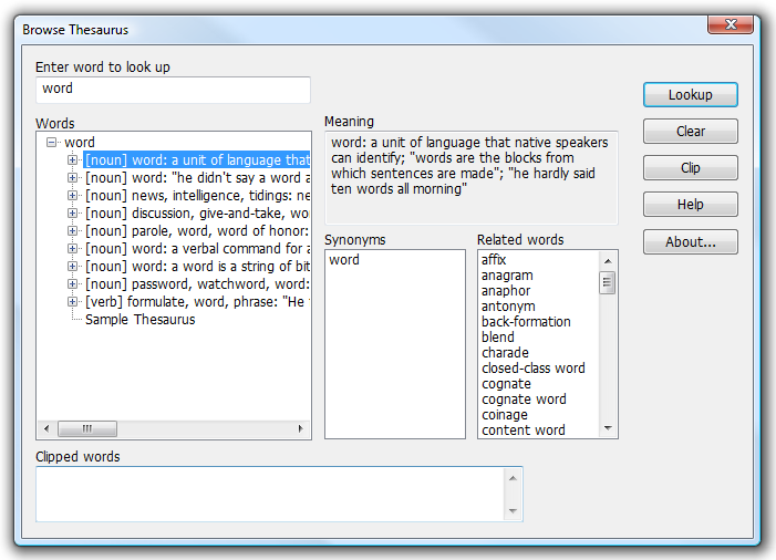 Окно Browse Thesaurus со связанными словами