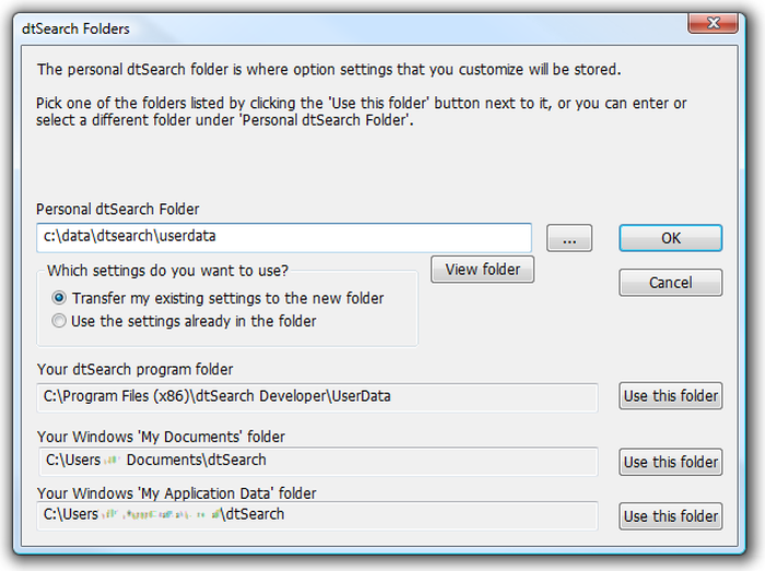 Диалог dtSearch Folders с путями настроек