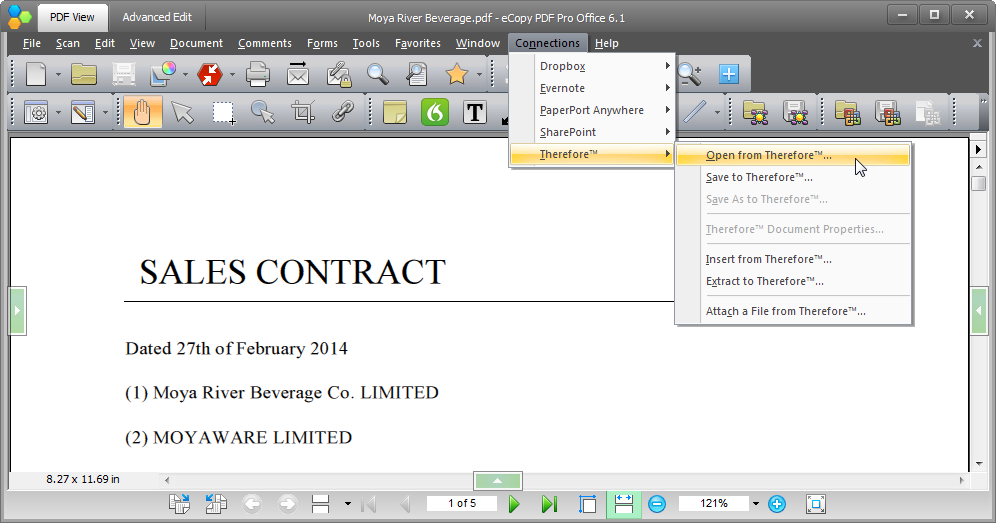 Меню Connections с командами Therefore в eCopy PDF Pro Office 6.1