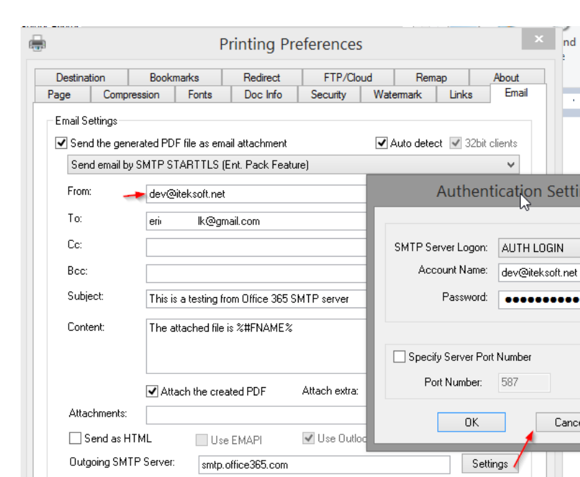 Окно аутентификации SMTP в eDocPrinter PDF Pro