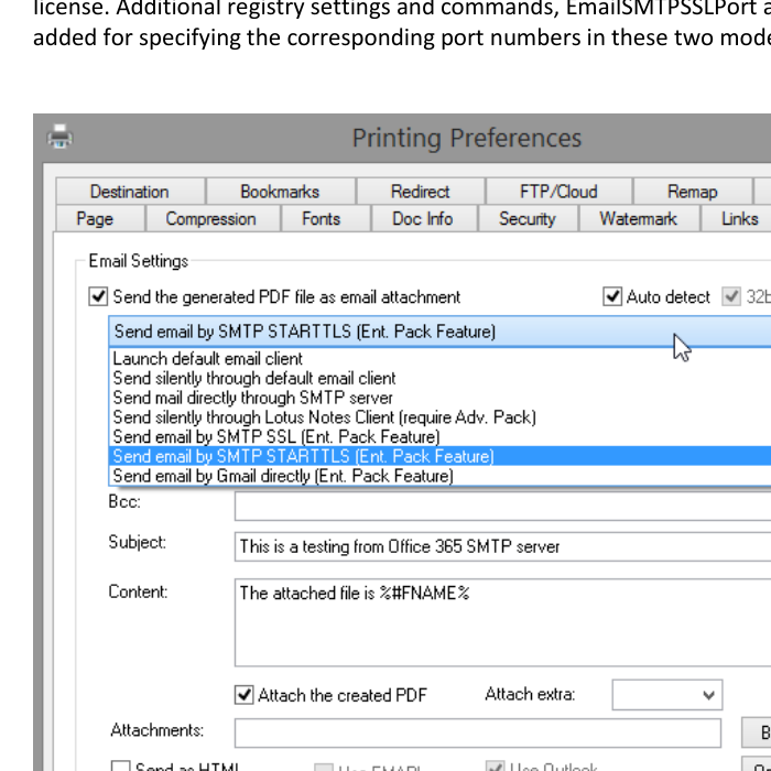 Выбор SMTP STARTTLS на вкладке Email eDocPrinter PDF Pro