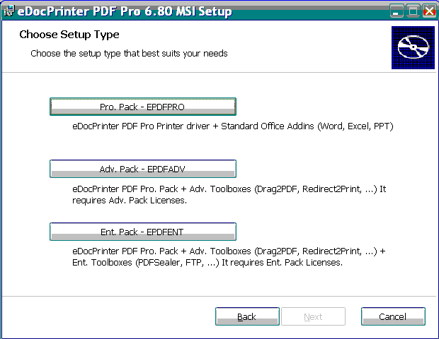 Выбор пакета Pro, Advanced или Enterprise в установщике eDocPrinter PDF Pro