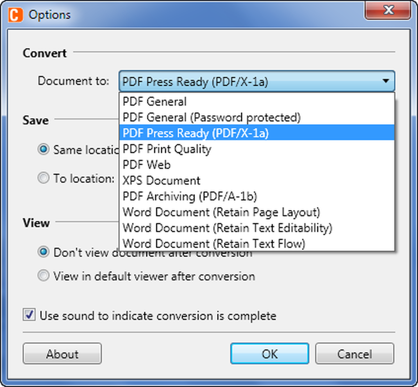 Окно Options gDoc Creator со списком профилей PDF, XPS и Word