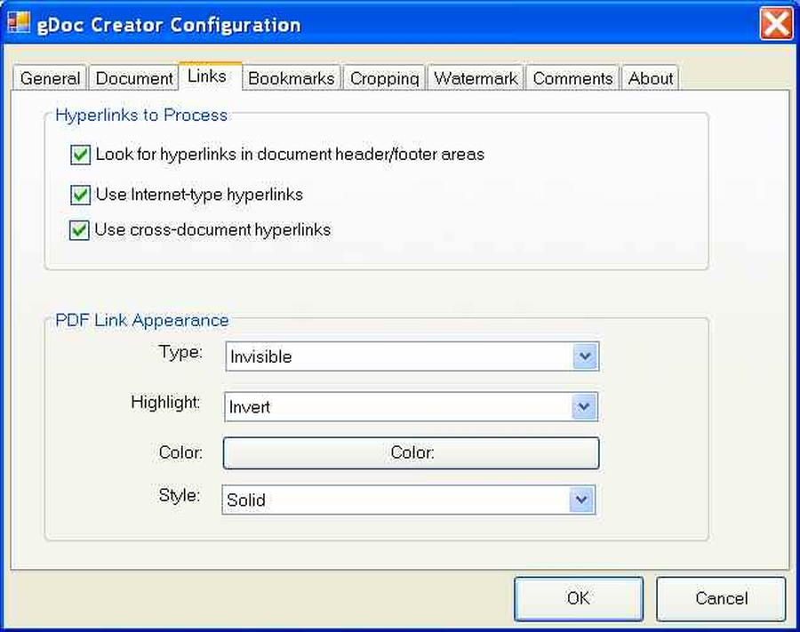 Параметры гиперссылок в конфигурации gDoc Creator