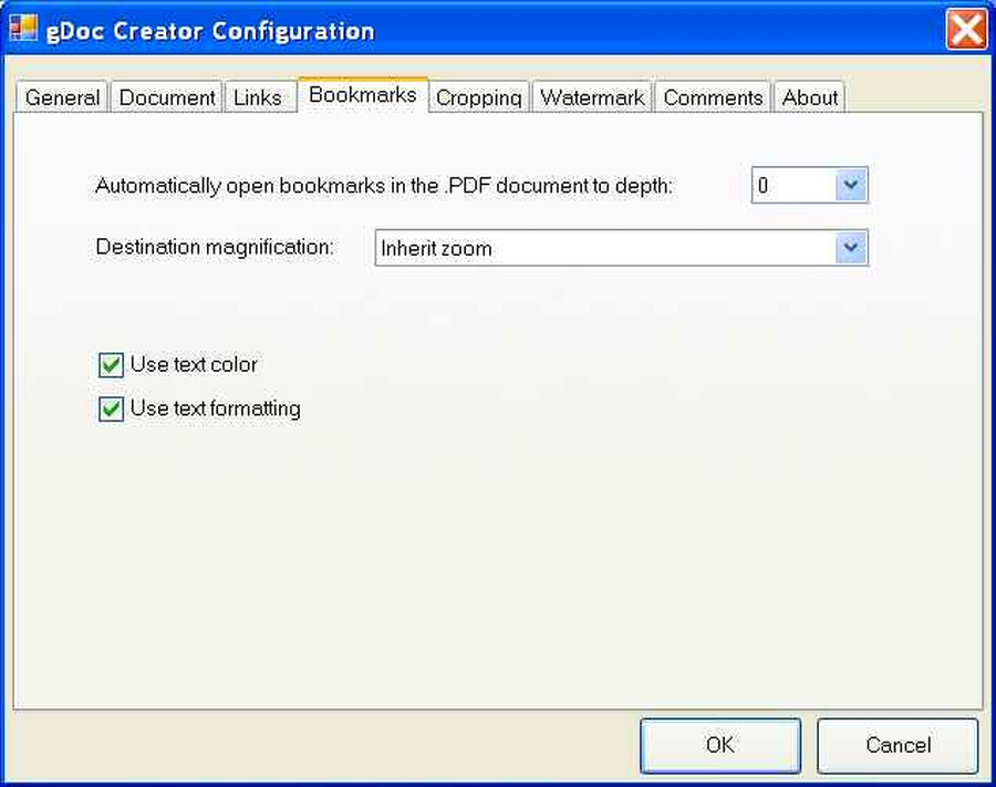 Параметры закладок Word в gDoc Creator