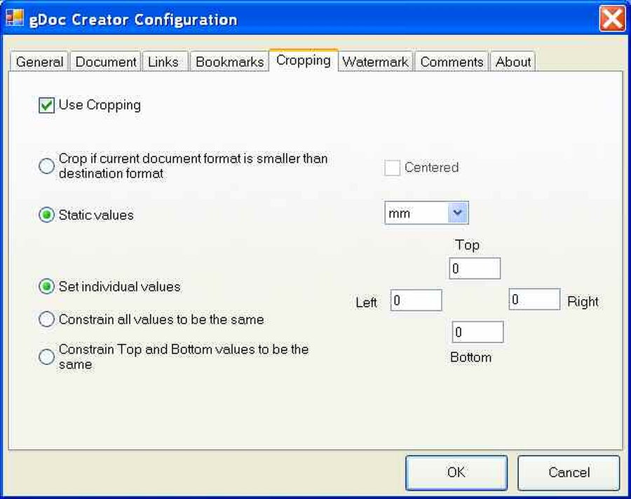 Вкладка кадрирования в настройках надстройки gDoc Creator