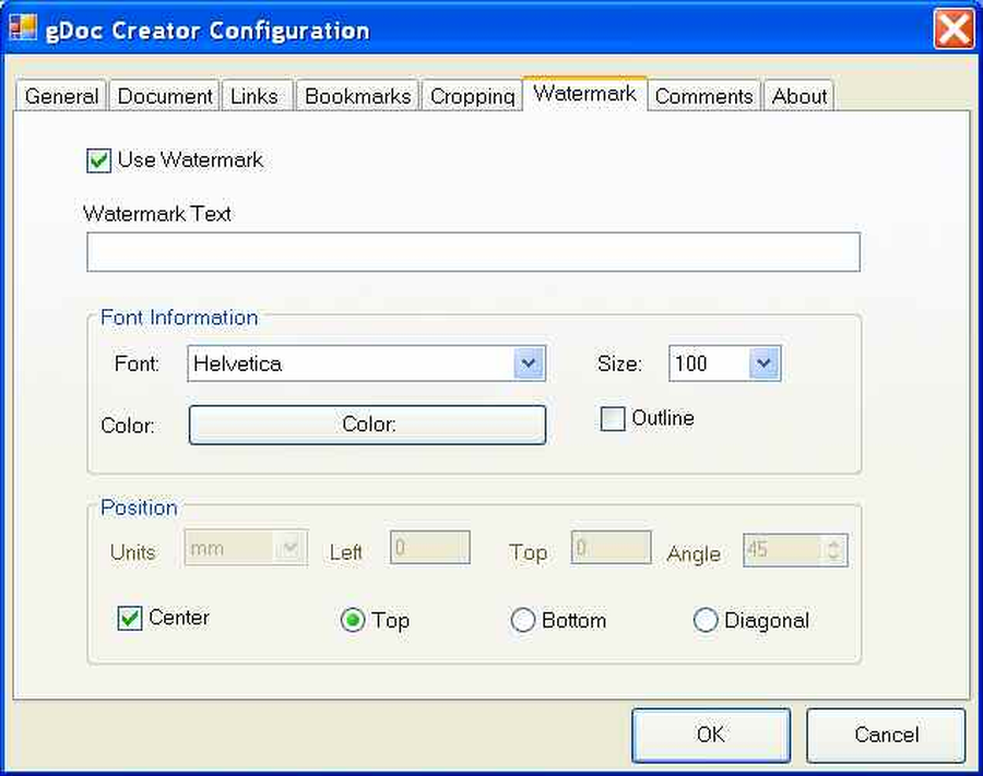Настройка текстовой водяной отметки в gDoc Creator