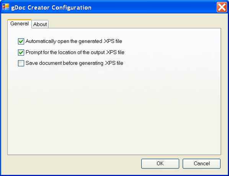 Общая вкладка создания XPS в надстройке gDoc Creator