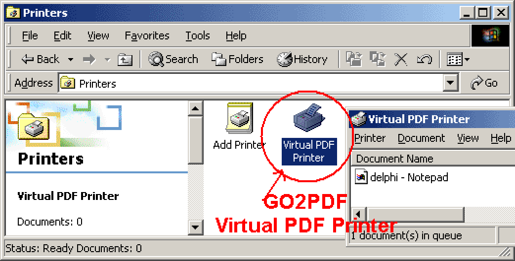 Очередь и значок Virtual PDF Printer