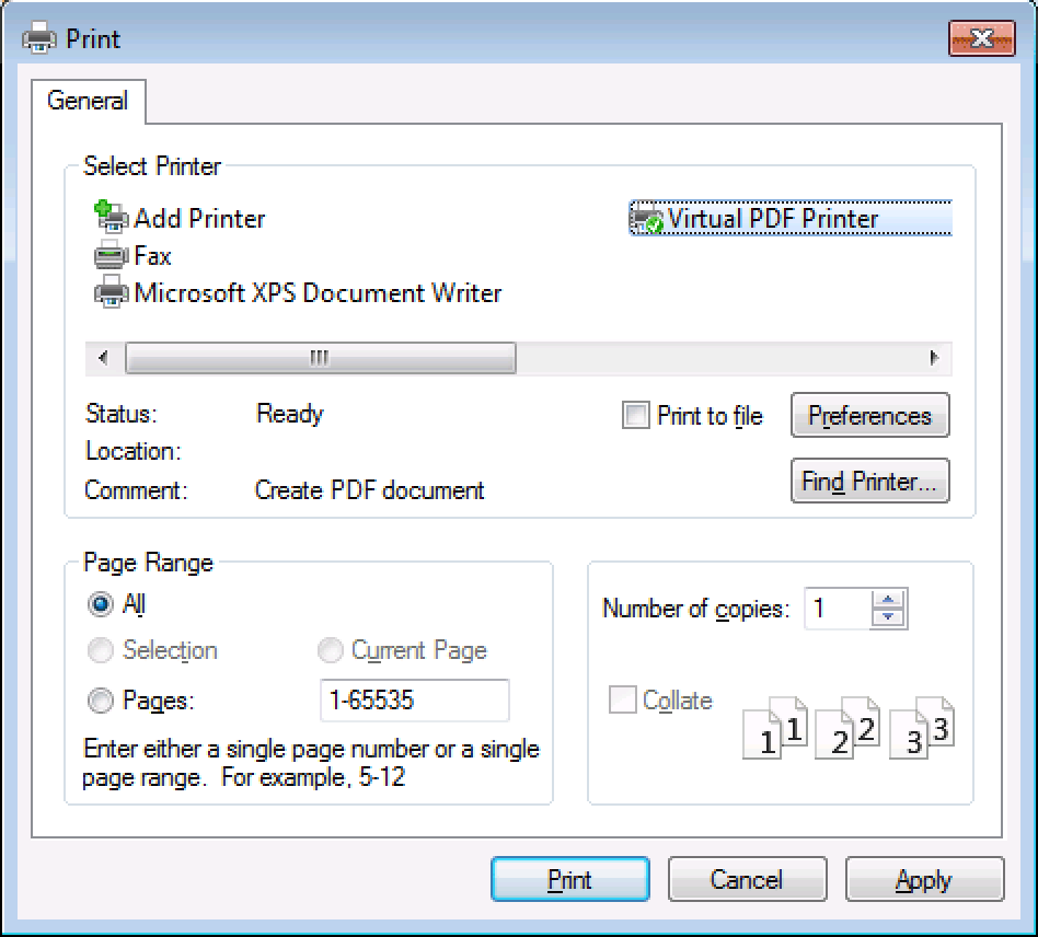 Выбор Virtual PDF Printer в диалоге печати