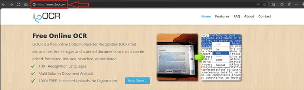 Главная область i2OCR с кратким описанием OCR