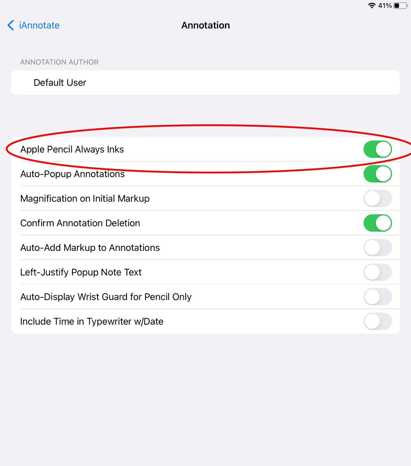 Настройка Apple Pencil Always Inks в iAnnotate