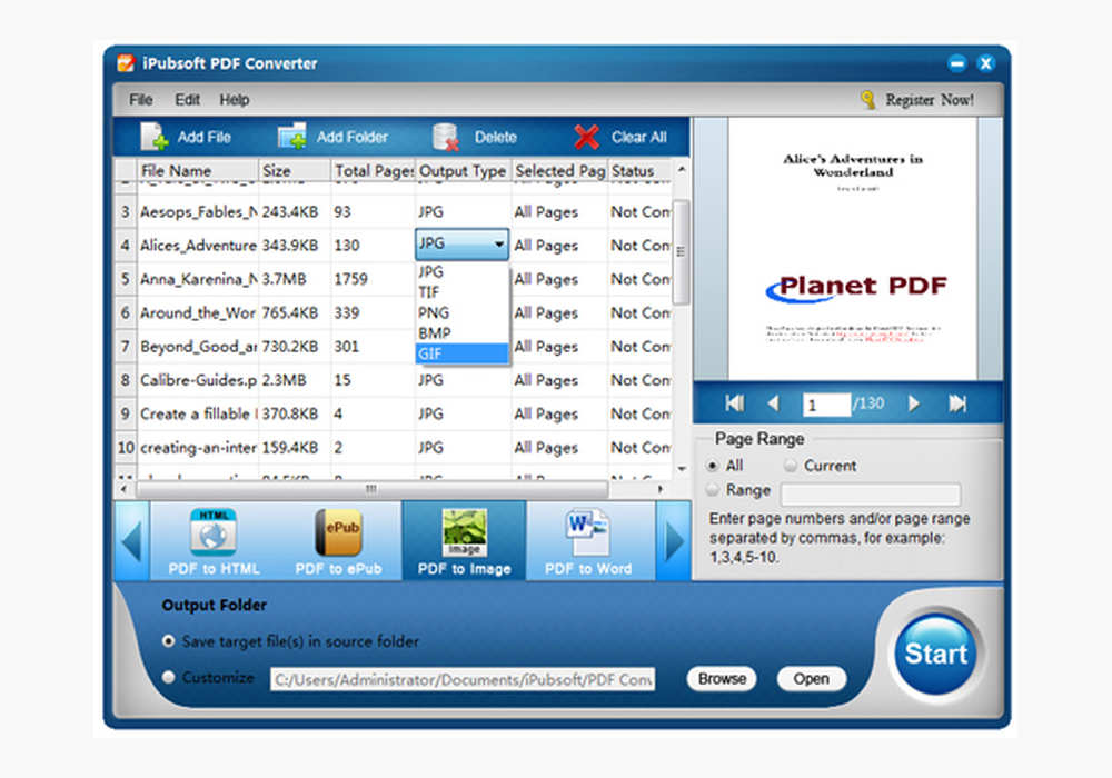 Очередь PDF и выбор формата изображения в iPubsoft PDF Converter