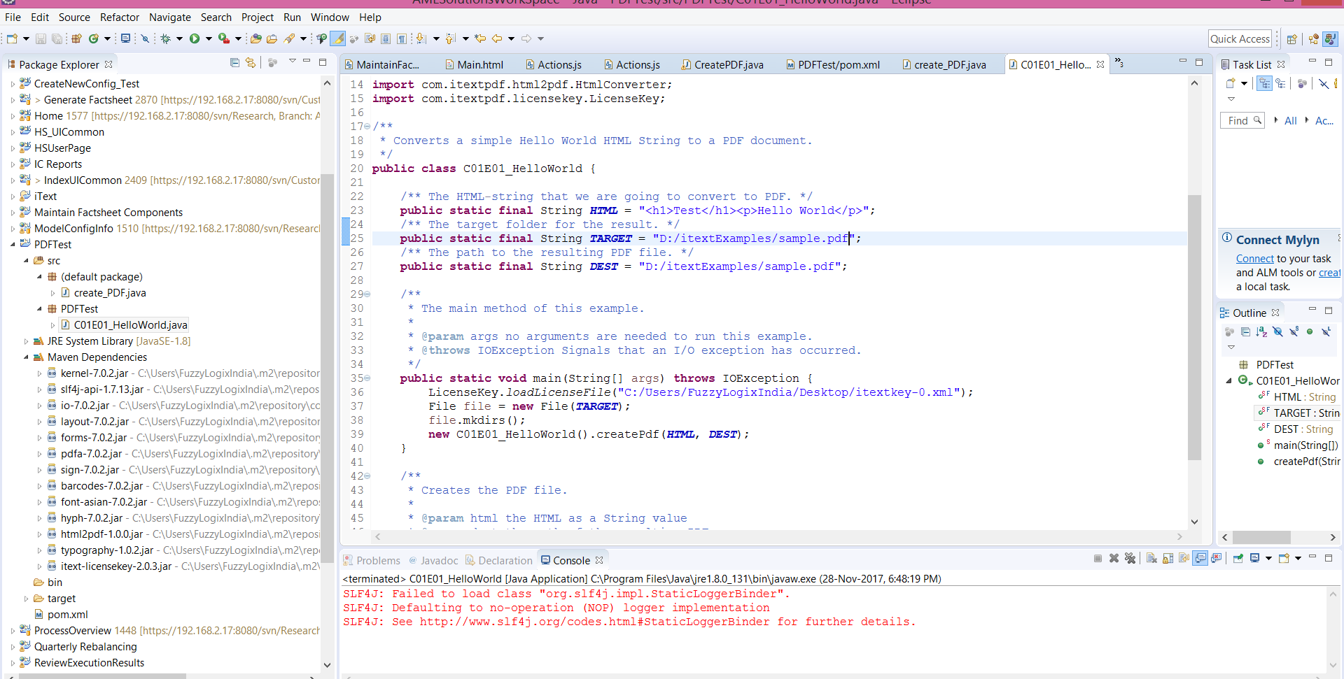 Проект pdfHTML и код iText в Eclipse
