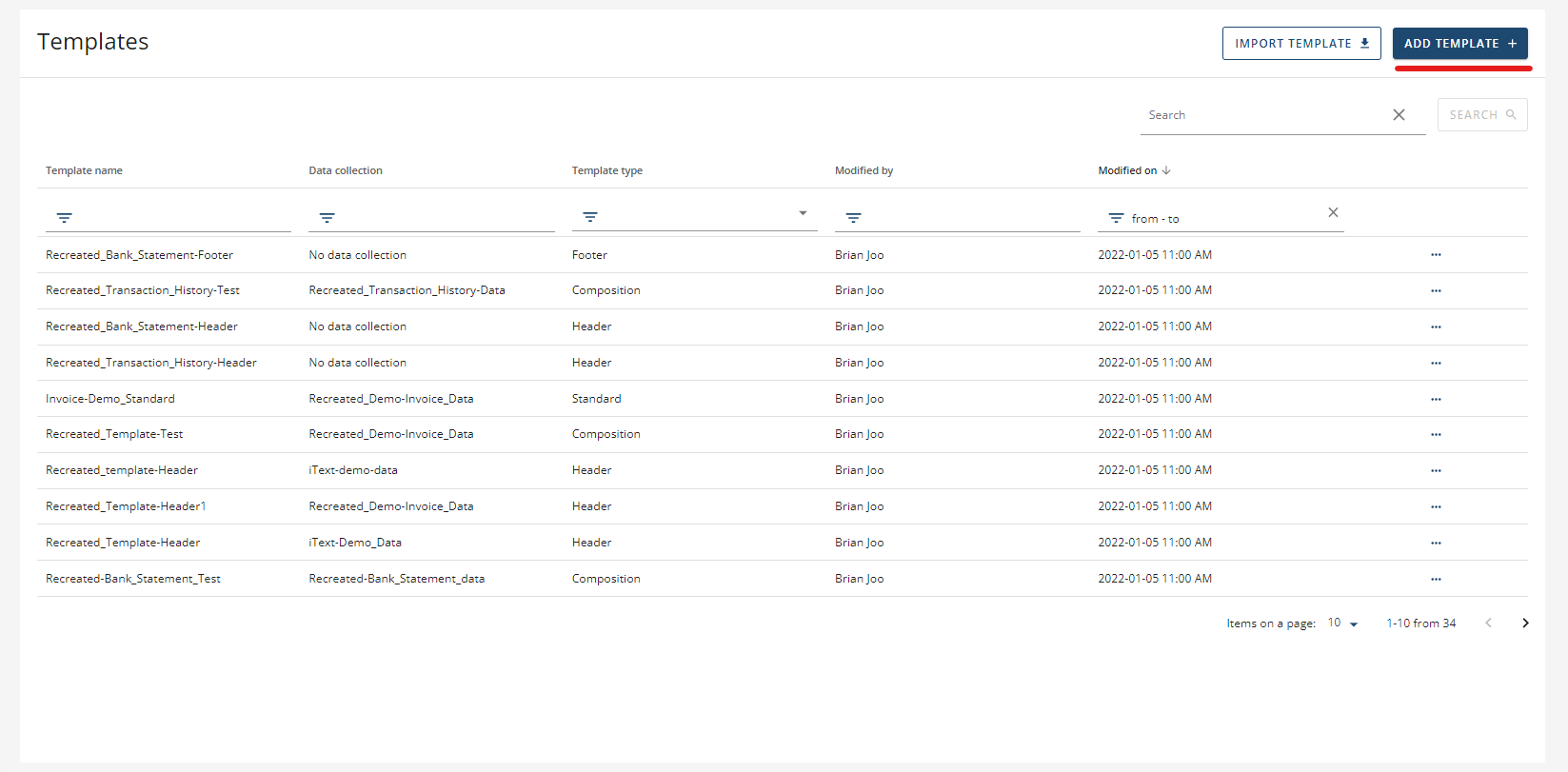 Список шаблонов iText DITO Manager и команда добавления нового шаблона