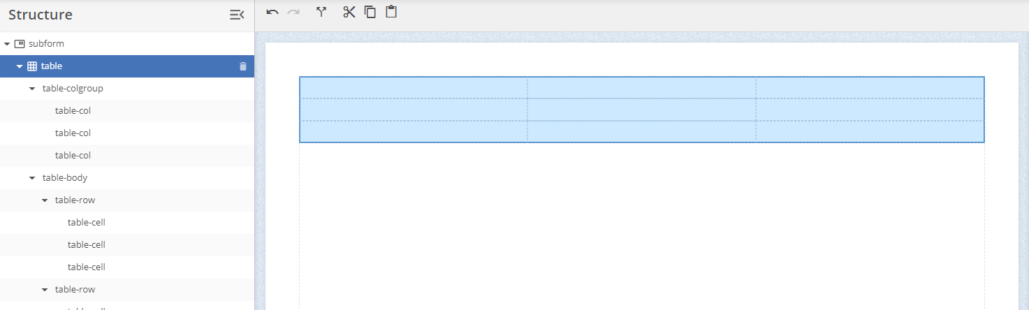 Дерево структуры и выделенная таблица в iText DITO Editor
