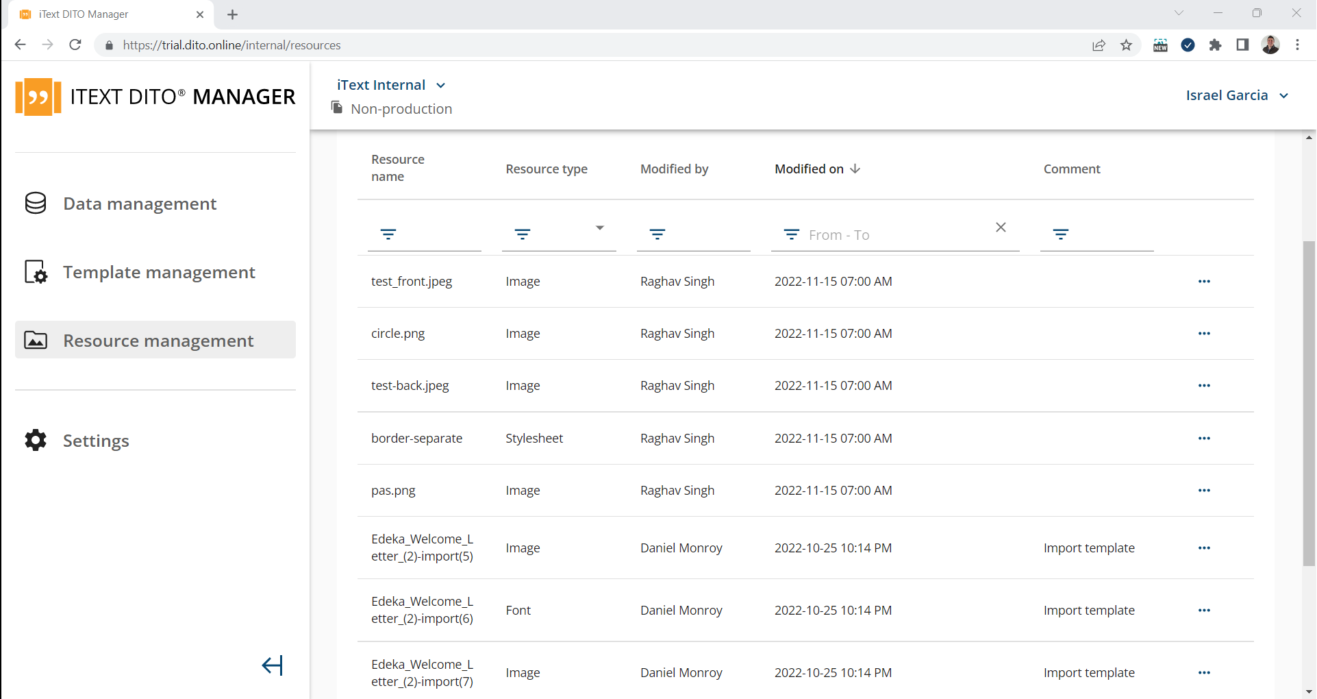 Раздел управления ресурсами iText DITO Manager