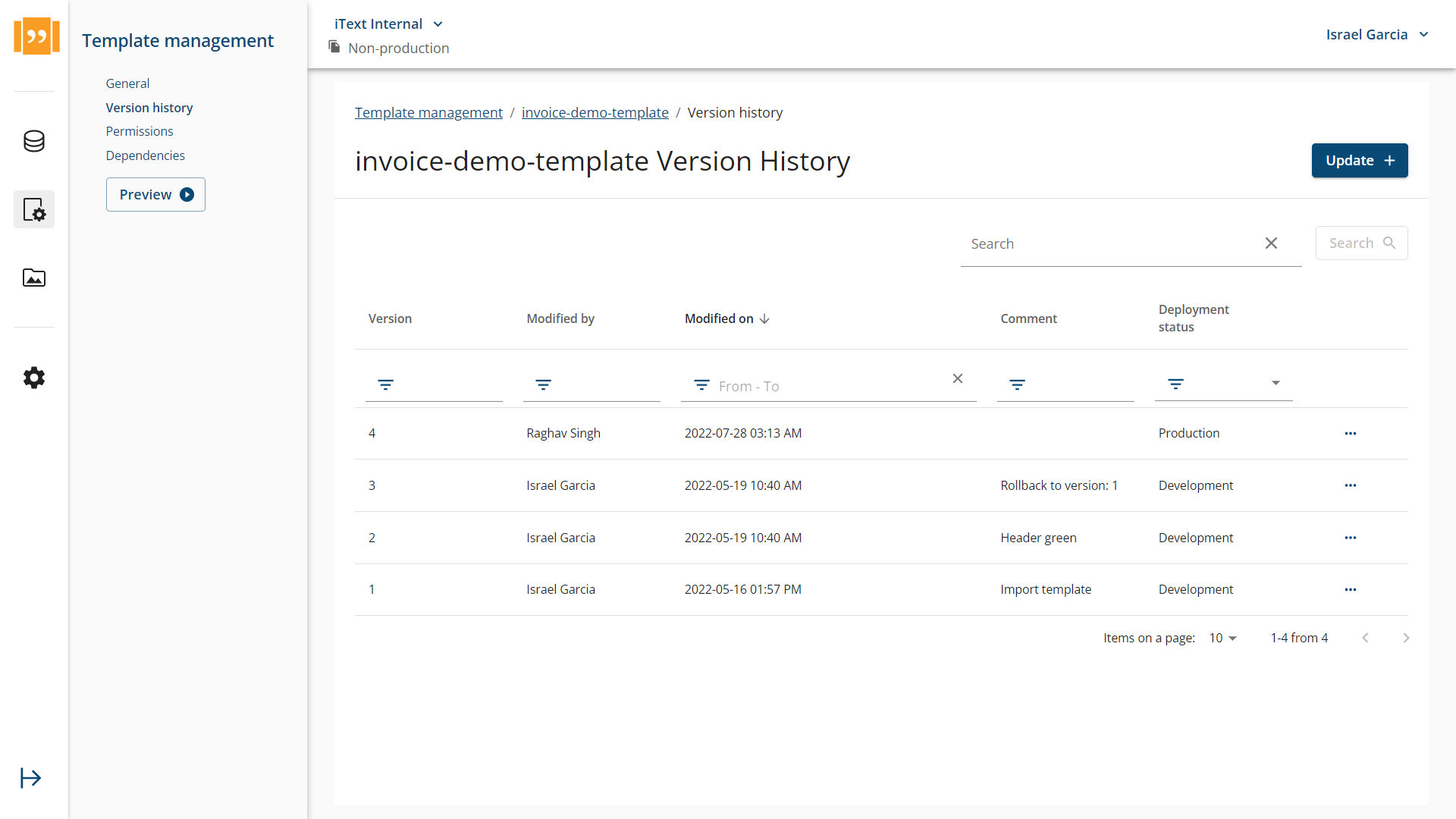 История версий шаблона и стадии продвижения в iText DITO Manager