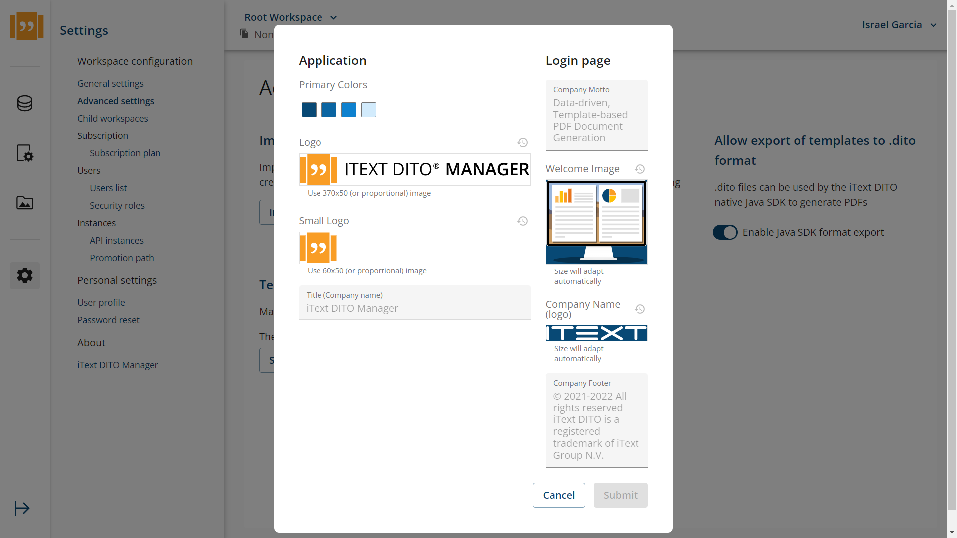 Настройка логотипов и цветов интерфейса iText DITO Manager