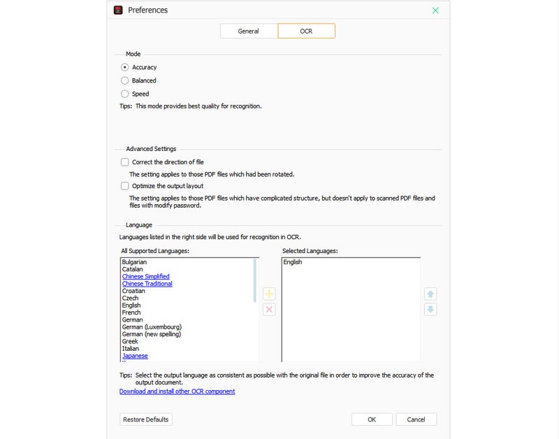 Настройки OCR в Aiseesoft PDF Converter Ultimate