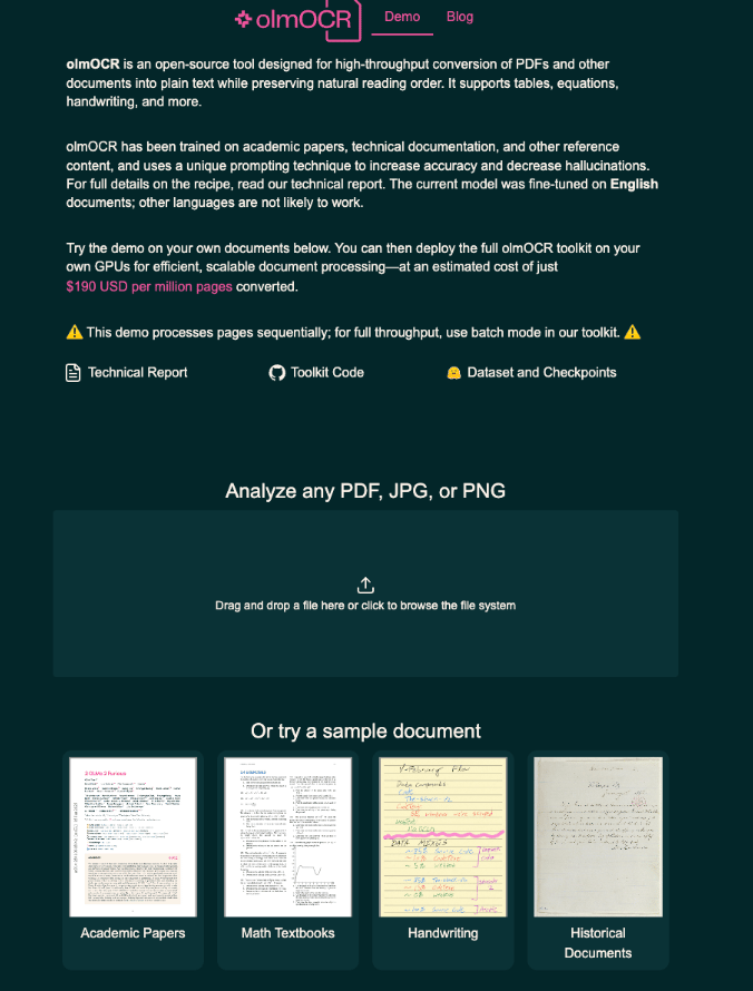 Форма демонстрации olmOCR с загрузкой PDF, JPG и PNG