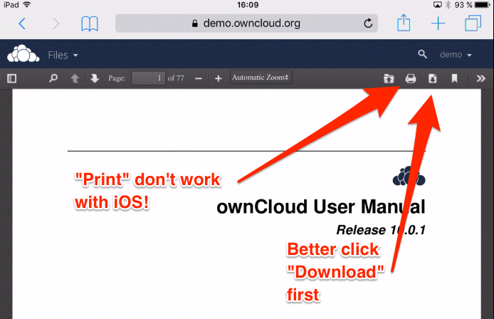 Печать PDF из ownCloud Viewer на iPad и рекомендуемая загрузка файла