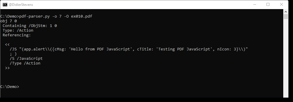 Объект PDF с JavaScript в выводе pdf-parser