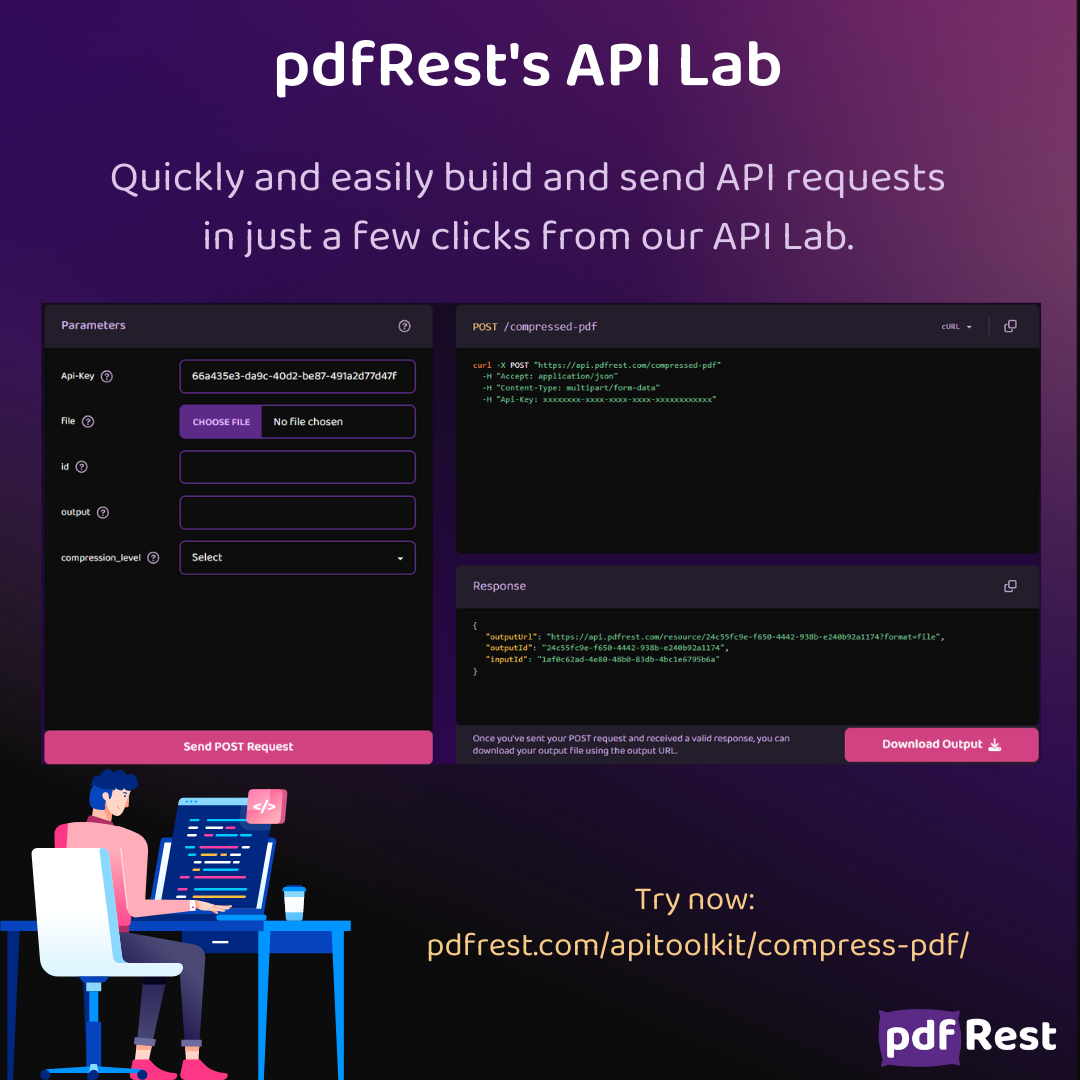 Интерфейс pdfRest API Lab с параметрами, кодом и ответом