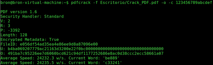 Поиск владельческого пароля в pdfcrack с отображением текущего слова