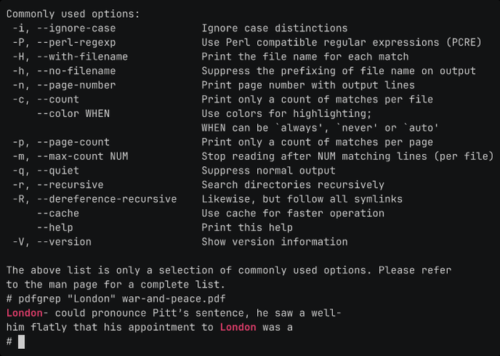 Справка и поиск в pdfgrep