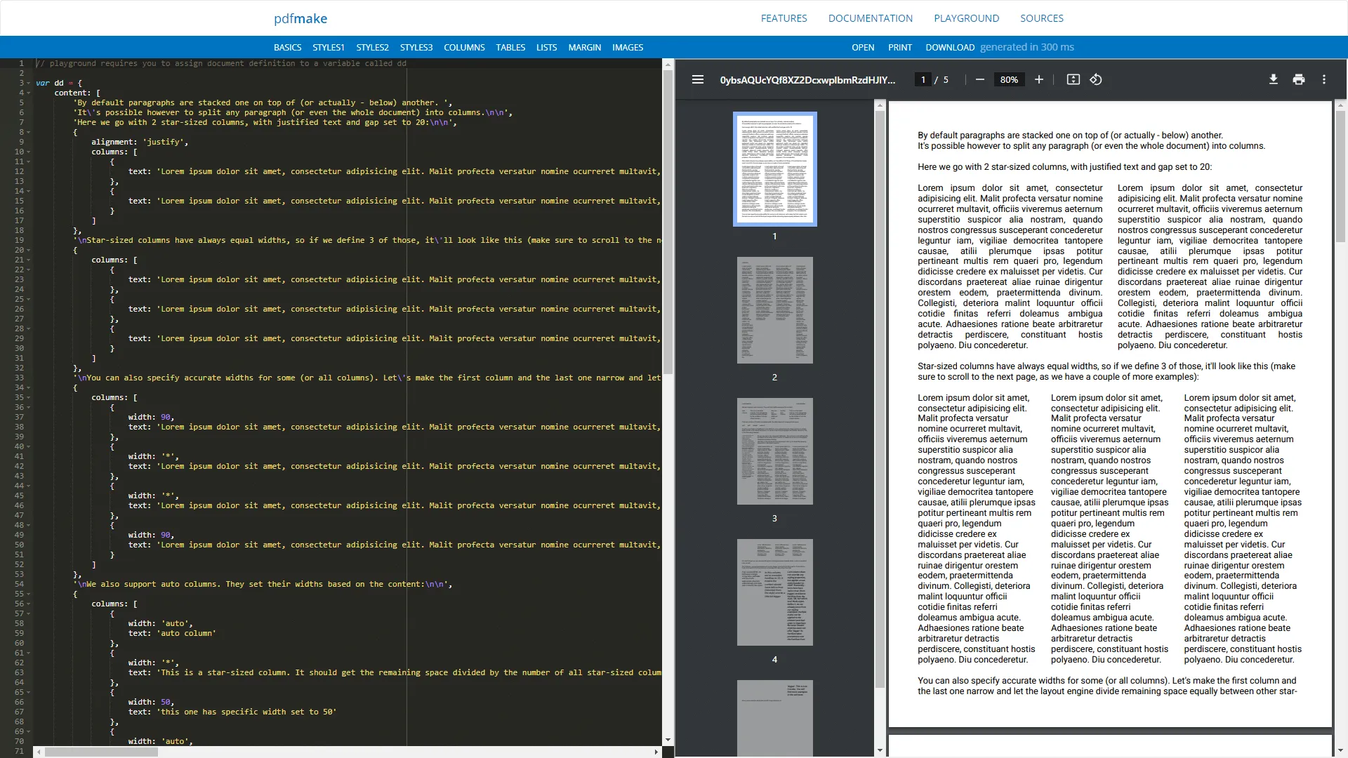 Playground pdfmake с примерами двух, трёх и смешанных по ширине колонок