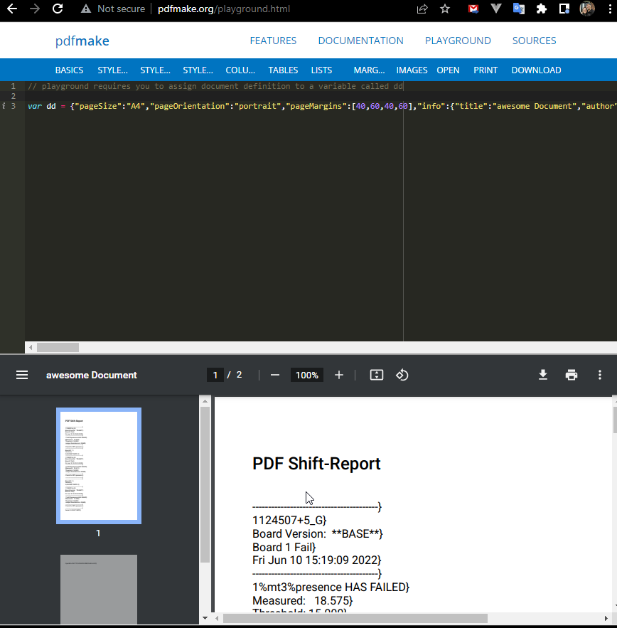 Пользовательский многостраничный отчёт в Playground pdfmake