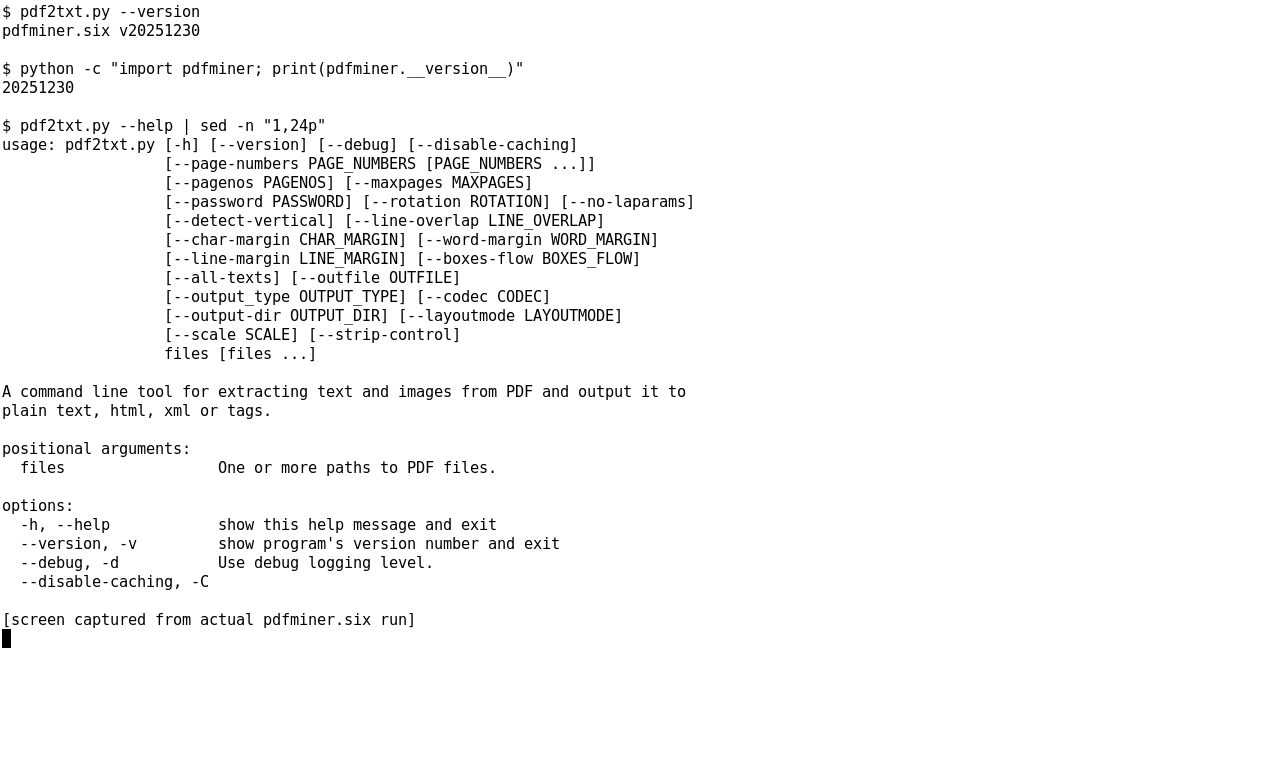 Версия pdfminer.six и справка команды pdf2txt.py
