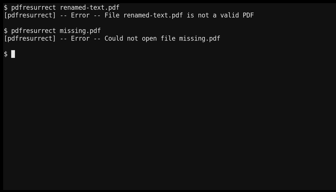 Ошибки pdfresurrect для отсутствующего и неверного PDF