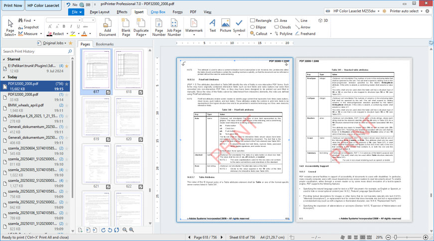 Главное окно priPrinter с историей, миниатюрами и инструментами разметки