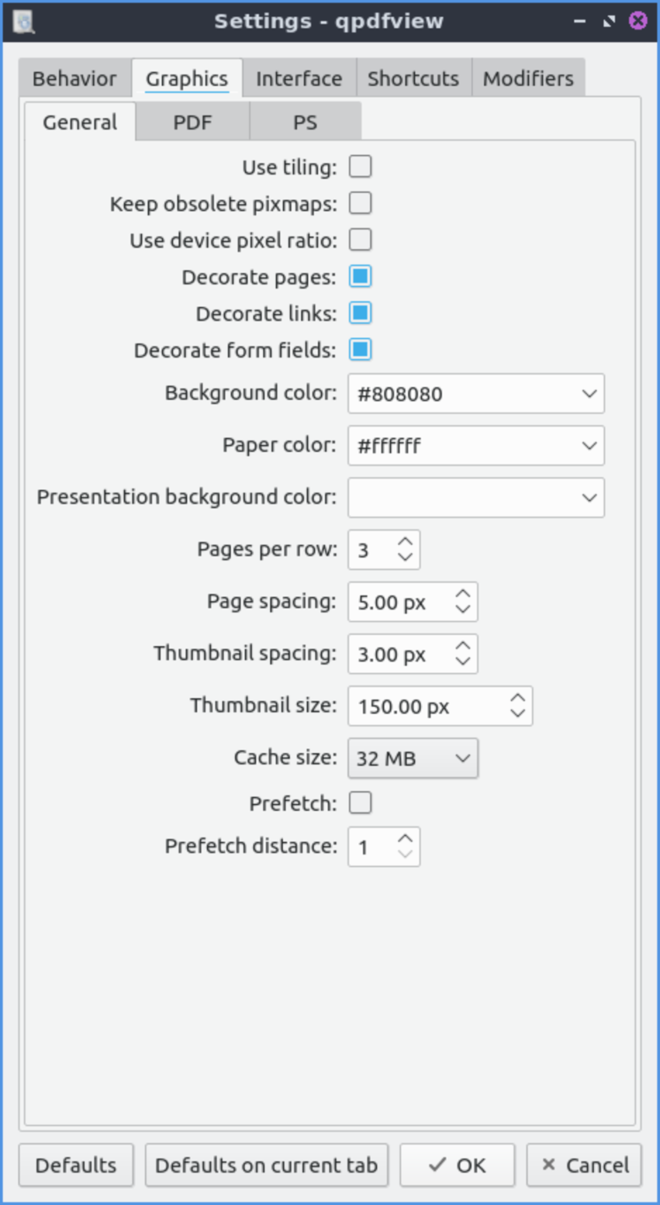 Общие графические настройки qpdfview