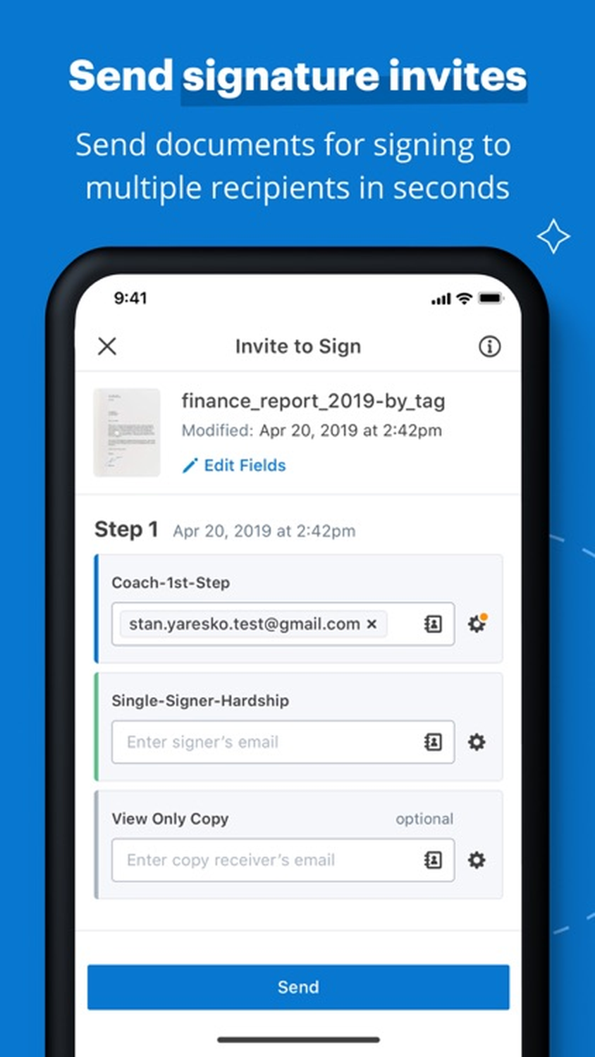 Экран отправки приглашений нескольким получателям в signNow