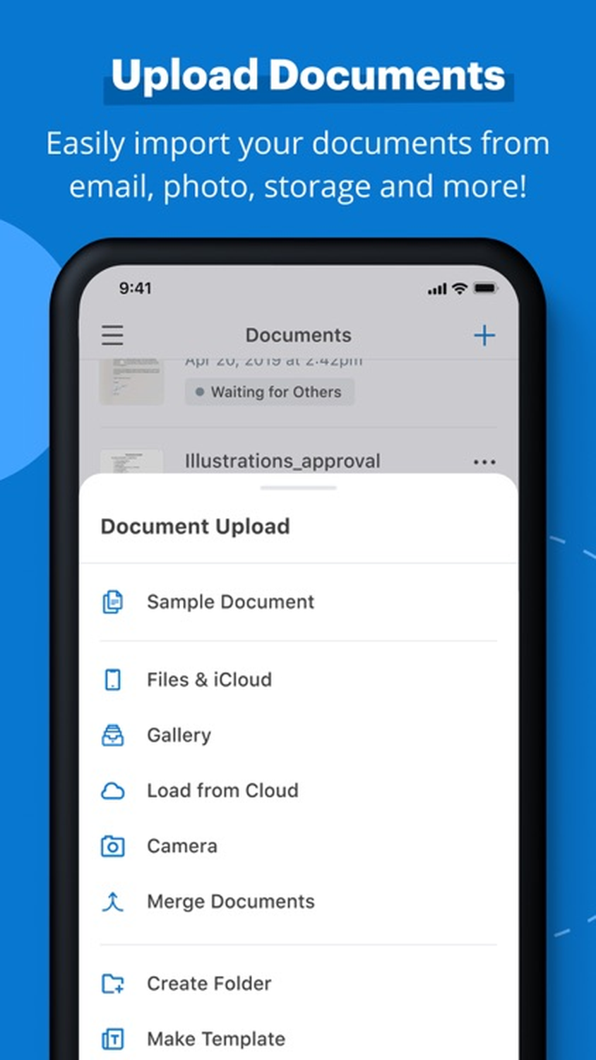 Меню загрузки документов в мобильном интерфейсе signNow