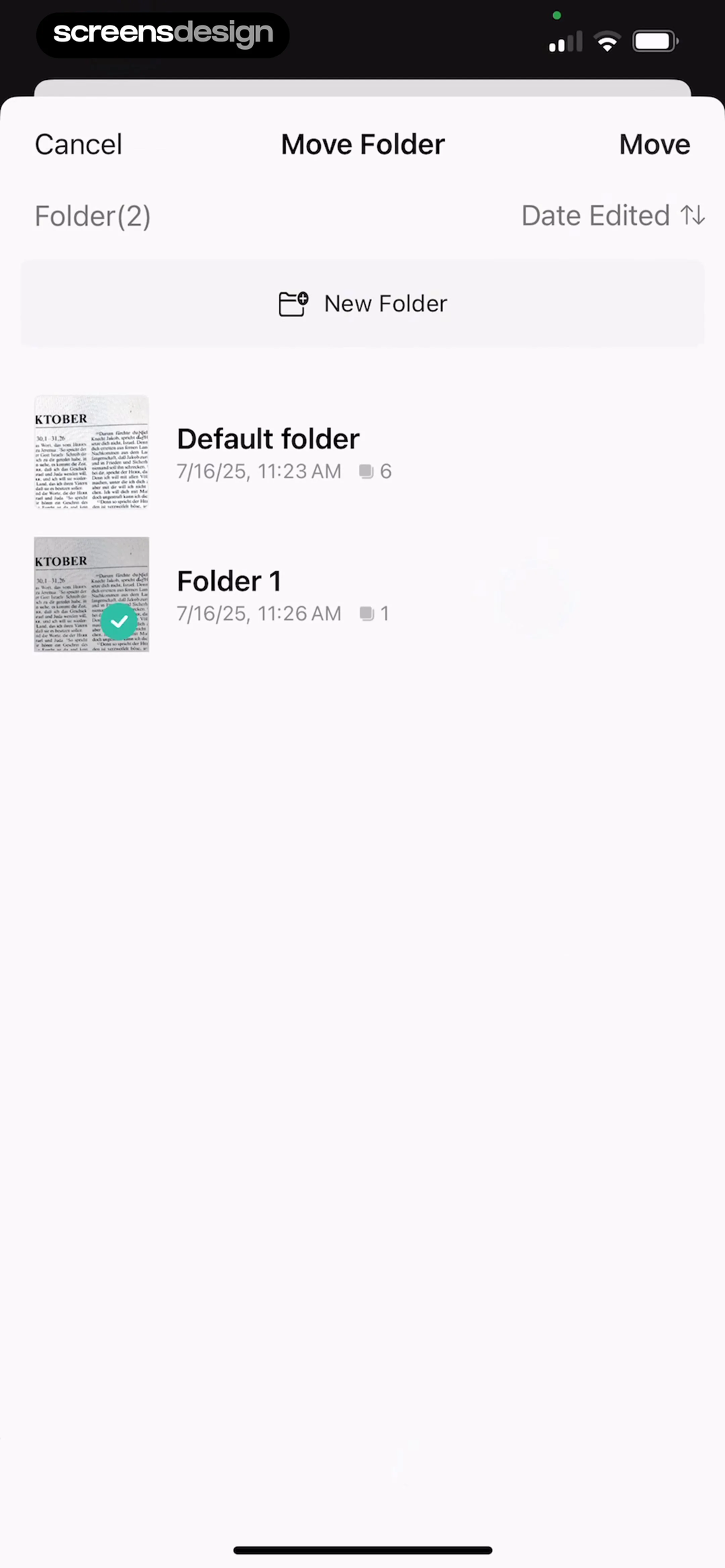 Перемещение документа между папками vFlat Scan