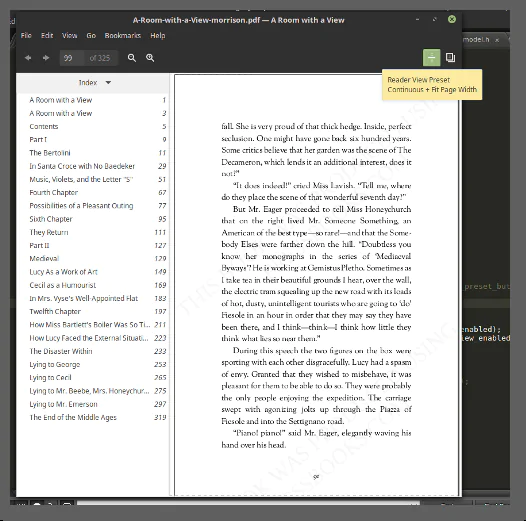 Xreader в тёмной теме с открытым оглавлением книги