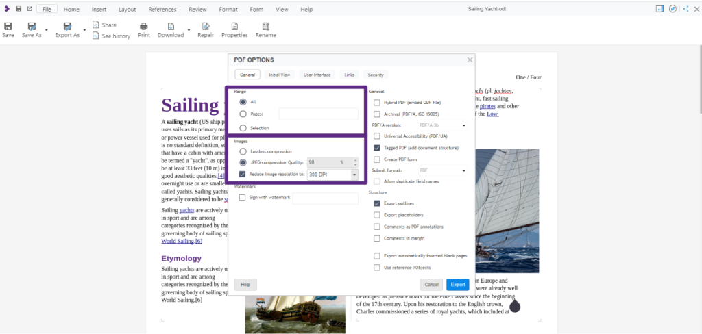 Collabora Office: окно PDF OPTIONS с настройками диапазона, изображений и структуры