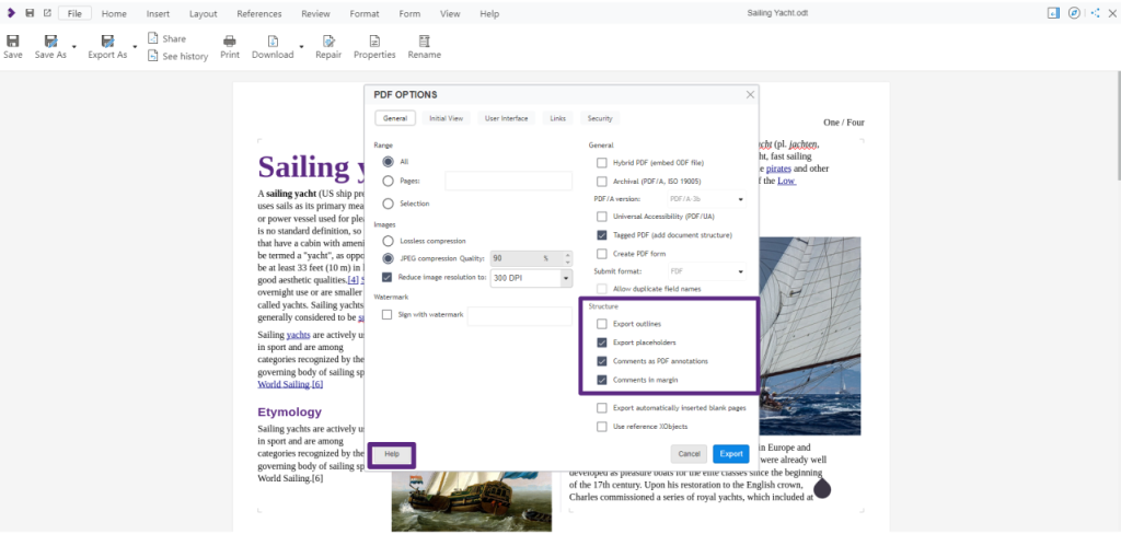 Collabora Office: параметры структуры PDF, комментариев и закладок